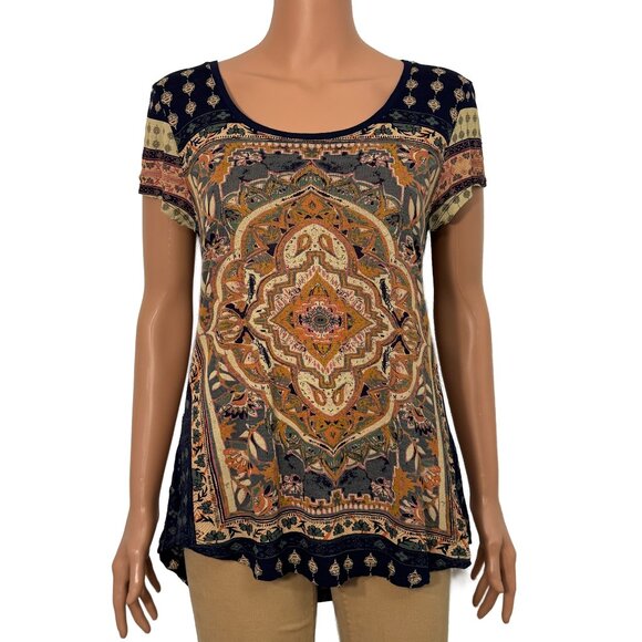 Lucky Brand Blue Persian Carpet Print Scoop Neck Tee Women’s Medium - Picture 3 of 11